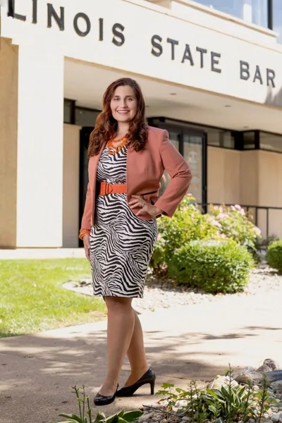 Anna Krolikowska outside the Illinois State Bar Association building