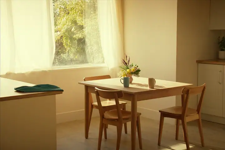 A sunlit kitchen table with two mugs set across from each other and the chairs pulled out